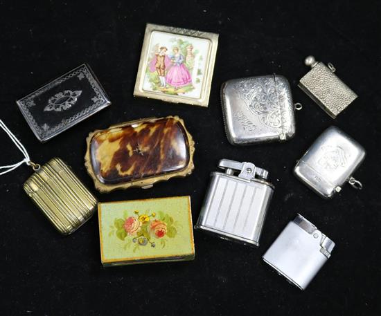 Two silver vesta cases and sundry lighters, etc.